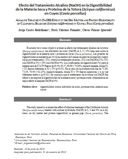 Efecto del Tratamiento Alcalino (NaOH) en la Digestibilidad de la Materia Seca y Proteína de la Totora (Scirpus californicus) en Cuyes (Cavia porcellus)