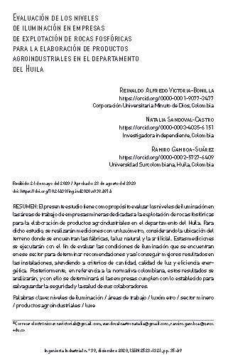 Evaluación de los niveles de iluminación en empresas de explotación de rocas fosfóricas para la elaboración de productos agroindustriales en el departamento del Huila