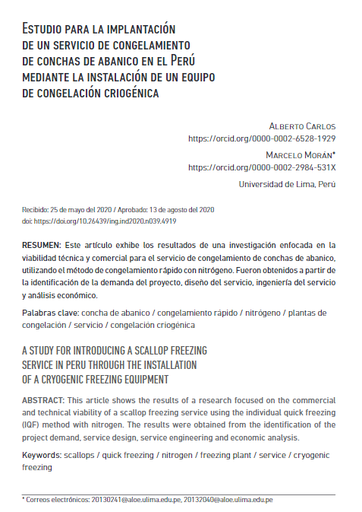 Estudio para la implantación de un Servicio de Congelamiento de conchas de abanico en el Perú mediante la instalación de un “Equipo de Congelación Criogénica”