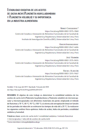 Estabilidad oxidativa de los aceites de sacha inchi (Plukenetia huayllabambana y Plukenetia volubilis) y su importancia en la industria alimentaria