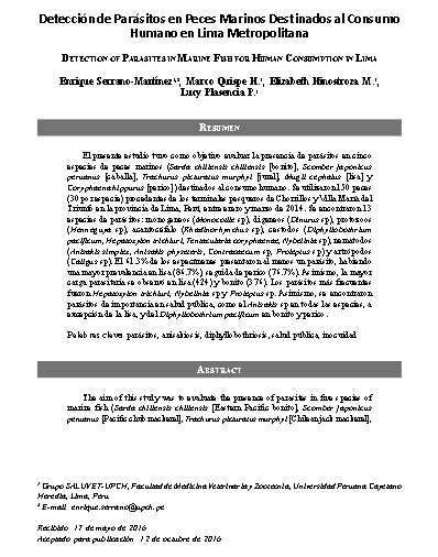 Detección de Parásitos en Peces Marinos Destinados al Consumo Humano en Lima Metropolitana