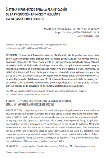 Sistema informático para la planificación de la producción en micro y pequeñas empresas de confecciones