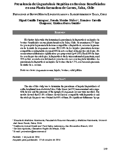 Prevalencia de Linguatulosis Hepática en Bovinos Beneficiados en una Planta Faenadora de Carnes, Talca, Chile