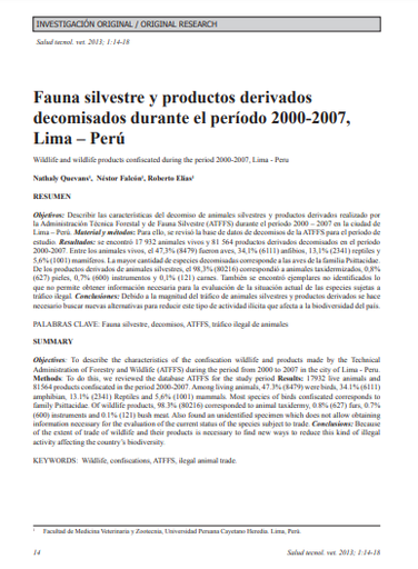 Fauna silvestre y productos derivados decomisados durante el período 2000-2007, Lima – Perú