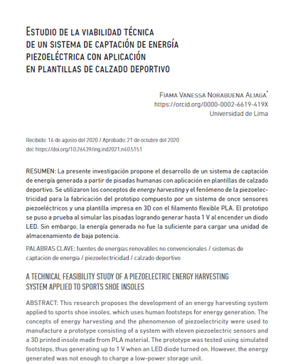 Estudio de la viabilidad técnica de un sistema de captación de energía piezoeléctrica con aplicación en plantillas de calzado deportivo