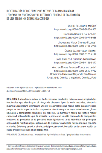 Identificación de los principios activos de la mashua negra (Tropaeolum tuberosum) y el efecto del proceso de elaboración de una bebida mix de mashua con piña