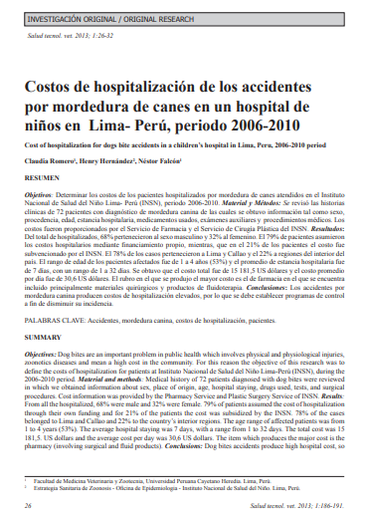 Costos de hospitalización de los accidentes por mordedura de canes en un hospital de niños en Lima- Perú, periodo 2006-2010