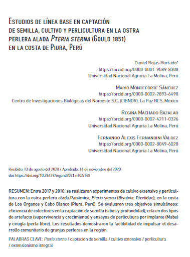 Estudios de línea base en captación de semilla, cultivo y perlicultura en la ostra perlera alada Pteria sterna (Gould 1851) en la costa de Piura, Perú