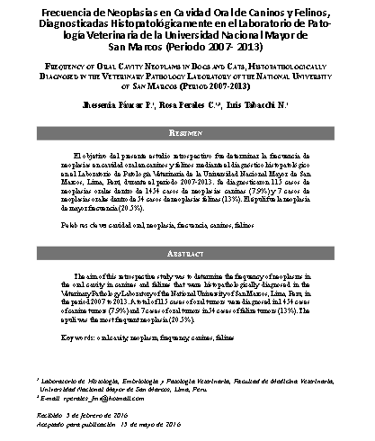 Frecuencia de Neoplasias en Cavidad Oral de Caninos y Felinos, Diagnosticadas Histopatológicamente en el Laboratorio de Patología Veterinaria de la Universidad Nacional Mayor de San Marcos (Periodo 2007- 2013)