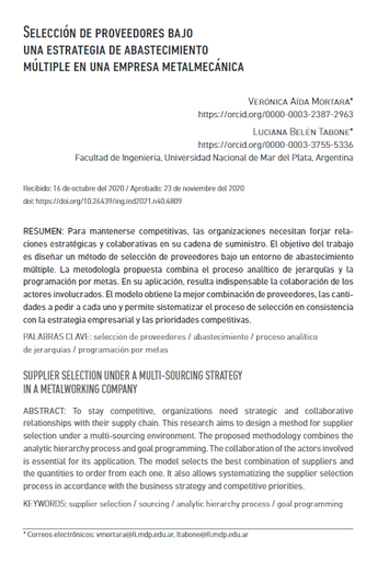 Selección de proveedores bajo una estrategia de abastecimiento múltiple en una empresa metalmecánica