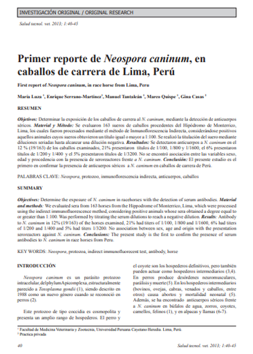 Primer reporte de Neospora caninum, en caballos de carrera de Lima, Perú