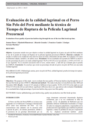 Evaluación de la calidad lagrimal en el Perro Sin Pelo del Perú mediante la técnica de Tiempo de Ruptura de la Película Lagrimal Precorneal