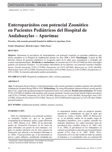 Enteroparásitos con potencial Zoonótico en Pacientes Pediátricos del Hospital de Andahuaylas – Apurímac