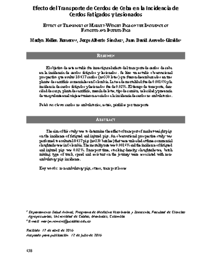 Efecto del Transporte de Cerdos de Ceba en la Incidencia de Cerdos Fatigados y Lesionados