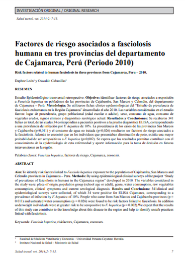 Factores de riesgo asociados a fasciolosis humana en tres provincias del departamento de Cajamarca, Perú (Periodo 2010)