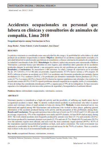 Accidentes ocupacionales en personal que labora en clínicas y consultorios de animales de compañía, Lima 2010