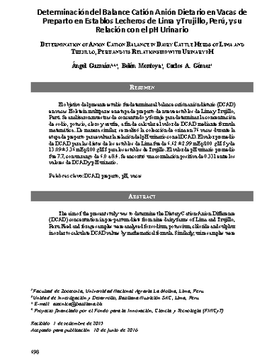 Determinación del Balance Catión Anión Dietario en Vacas de Preparto en Establos Lecheros de Lima y Trujillo, Perú, y su Relación con el pH Urinario