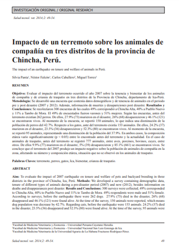 Impacto de un terremoto sobre los animales de compañía en tres distritos de la provincia de Chincha, Perú.