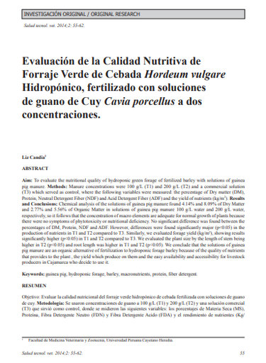 Evaluación de la Calidad Nutritiva de Forraje Verde de Cebada Hordeum vulgare Hidropónico, fertilizado con soluciones de guano de Cuy Cavia porcellus a dos concentraciones.