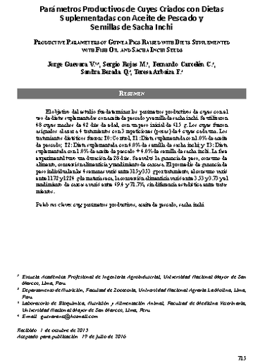 Parámetros Productivos de Cuyes Criados con Dietas Suplementadas con Aceite de Pescado y Semillas de Sacha Inchi