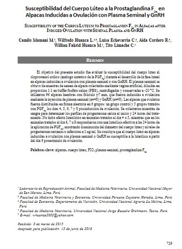 Susceptibilidad del Cuerpo Lúteo a la Prostaglandina F2a en Alpacas Inducidas a Ovulación con Plasma Seminal y GnRH