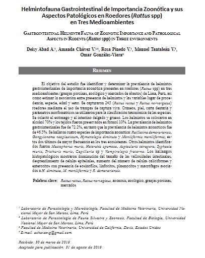 Helmintofauna Gastrointestinal de Importancia Zoonótica y sus Aspectos Patológicos en Roedores (Rattus spp) en Tres Medioambientes