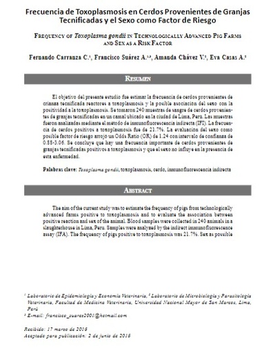 Frecuencia de Toxoplasmosis en Cerdos Provenientes de Granjas Tecnificadas y el Sexo como Factor de Riesgo