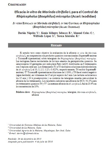 Eficacia in vitro de Morinda citrifolia L para el Control de Rhipicephalus (Boophilus) microplus (Acari: Ixodidae)