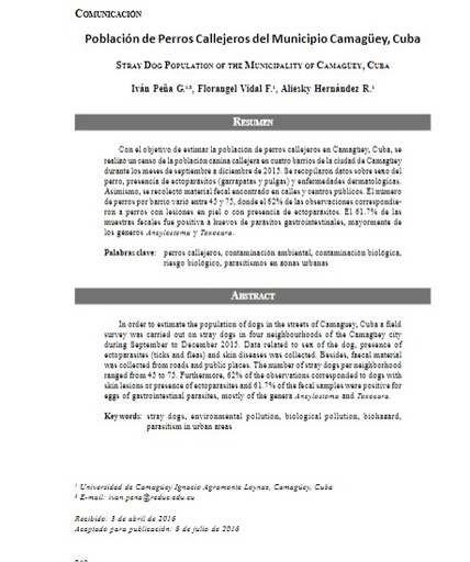 Población de Perros Callejeros del Municipio Camagüey, Cuba