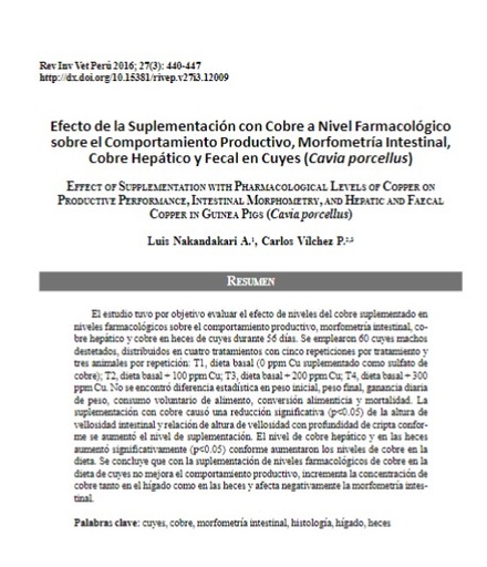 Efecto de la Suplementación con Cobre a Nivel Farmacológico sobre el Comportamiento Productivo, Morfometría Intestinal, Cobre Hepático y Fecal en Cuyes (Cavia porcellus)