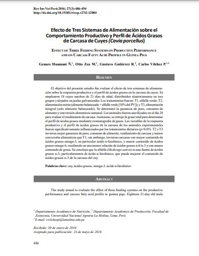 Efecto de Tres Sistemas de Alimentación sobre el Comportamiento Productivo y Perfil de Ácidos Grasos de Carcasa de Cuyes (Cavia porcellus)