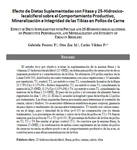 Efecto de Dietas Suplementadas con Fitasa y 25-Hidroxicolecalciferol sobre el Comportamiento Productivo, Mineralización e Integridad de las Tibias en Pollos de Carne