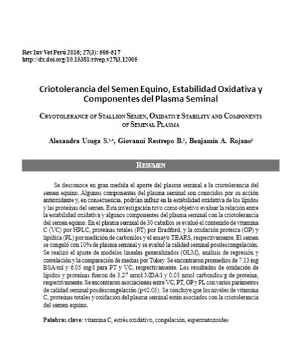 Criotolerancia del Semen Equino, Estabilidad Oxidativa y Componentes del Plasma Seminal