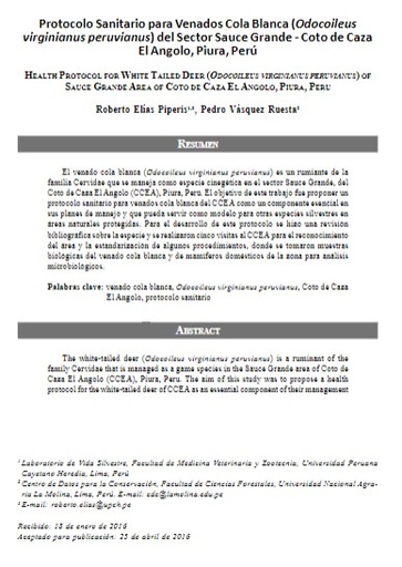 Protocolo Sanitario para Venados Cola Blanca (Odocoileus virginianus peruvianus) del Sector Sauce Grande - Coto de Caza El Angolo, Piura, Perú