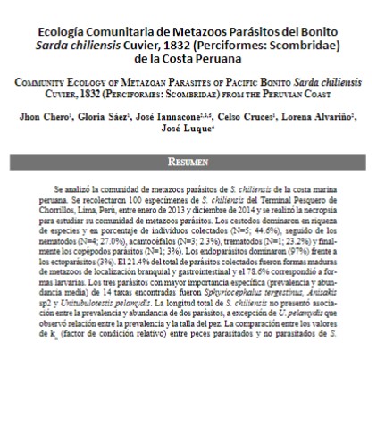 Ecología Comunitaria de Metazoos Parásitos del Bonito Sarda chiliensis Cuvier, 1832 (Perciformes: Scombridae) de la Costa Peruana