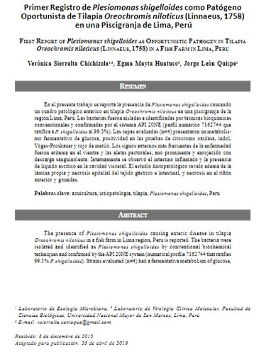 Primer Registro de Plesiomonas shigelloides como Patógeno Oportunista de Tilapia Oreochromis niloticus (Linnaeus, 1758) en una Piscigranja de Lima, Perú