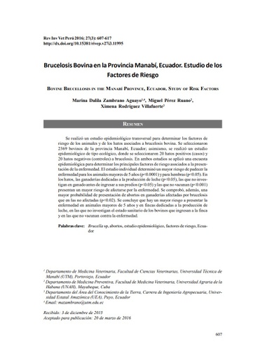 Brucelosis Bovina en la Provincia Manabí, Ecuador. Estudio de los Factores de Riesgo