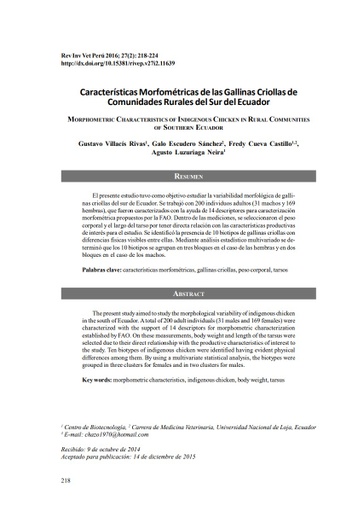 Características Morfométricas de las Gallinas Criollas de Comunidades Rurales del Sur del Ecuador
