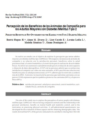 Percepción de los Beneficios de los Animales de Compañía para los Adultos Mayores con Diabetes Mellitus Tipo 2