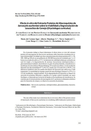 Efecto in vitro del Extracto Proteico de Macroquistes de Sarcocytis aucheniae sobre la Viabilidad y Degranulación de Leucocitos de Conejo (Oryctologus cuniculus)