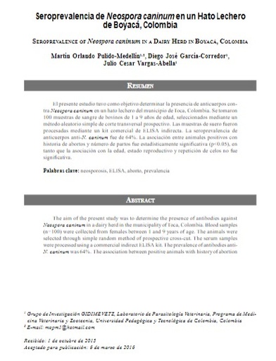 Seroprevalencia de Neospora caninum en un Hato Lechero de Boyacá, Colombia