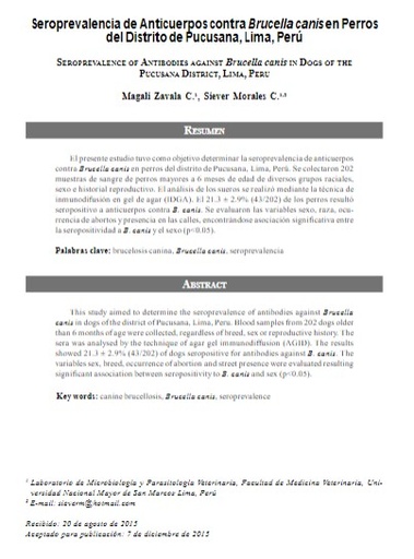 Seroprevalencia de Anticuerpos contra Brucella canis en Perros del Distrito de Pucusana, Lima, Perú