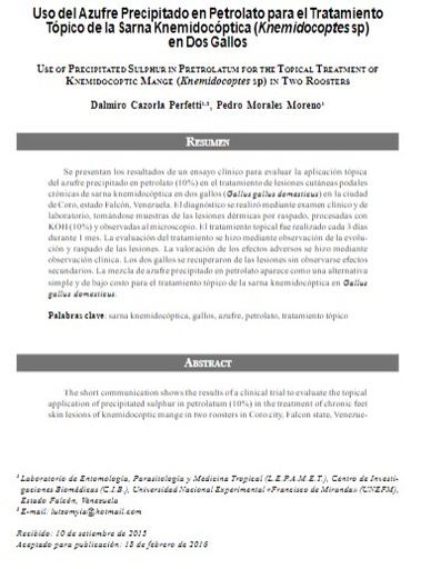Uso del Azufre Precipitado en Petrolato para el Tratamiento Tópico de la Sarna Knemidocóptica (Knemidocoptes sp) en Dos Gallos