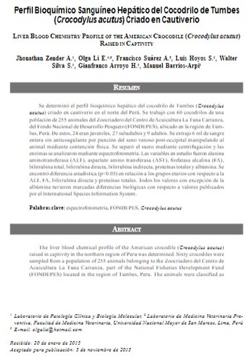 Perfil Bioquímico Sanguíneo Hepático del Cocodrilo de Tumbes (Crocodylus acutus) Criado en Cautiverio