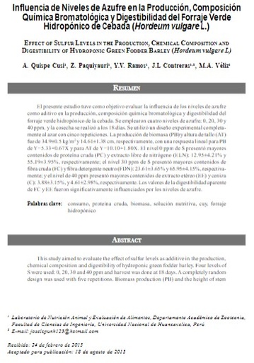 Influencia de Niveles de Azufre en la Producción, Composición Química Bromatológica y Digestibilidad del Forraje Verde Hidropónico de Cebada (Hordeum vulgare L.)