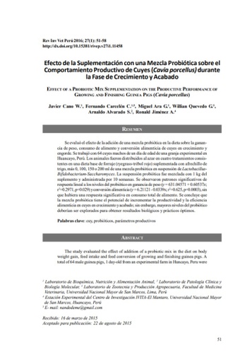 Efecto de la Suplementación con una Mezcla Probiótica sobre el Comportamiento Productivo de Cuyes (Cavia porcellus) durante la Fase de Crecimiento y Acabado