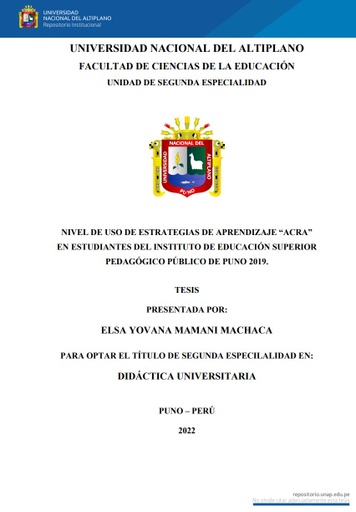 Nivel de uso de estrategias de aprendizaje “ACRA” en estudiantes del Instituto de Educación Superior Pedagógico Público de Puno 2019