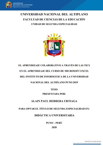 El aprendizaje colaborativo a través de las TICs en el aprendizaje del curso de Microsoft Excel del Instituto de Informática de la Universidad Nacional del Altiplano Puno 2019