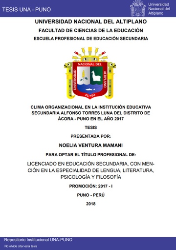 Clima organizacional en la Institución Educativa Secundaria “Alfonso Torres Luna” del distrito de Acora - Puno en el año 2018