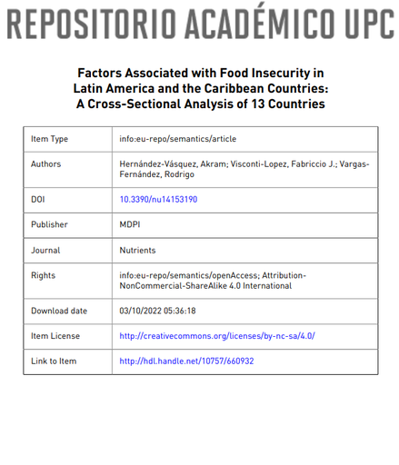 Factors Associated with Food Insecurity in Latin America and the Caribbean Countries: A Cross-Sectional Analysis of 13 Countries